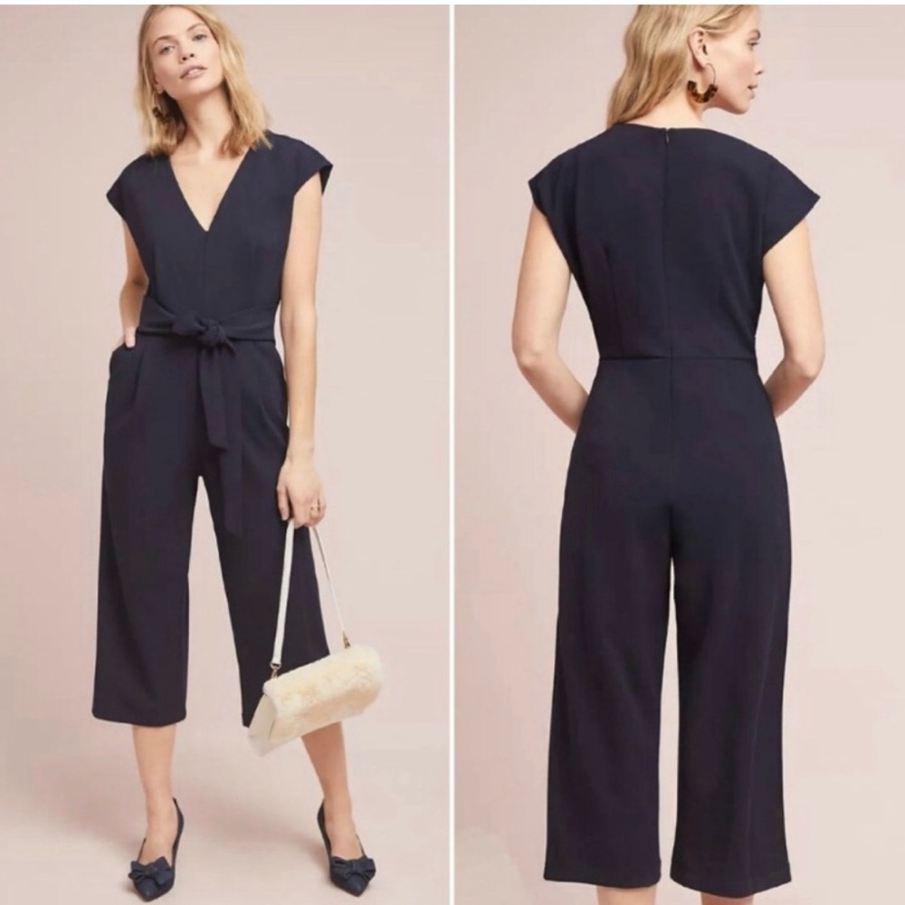 Anthropologie ett:twa Classic Solid Black Cropped Belted Jumpsuit V-Neck Small